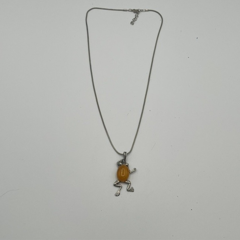 Sterling Silver 925 Honey Amber Frog Pendant Necklace Dancing Frog Jewelry